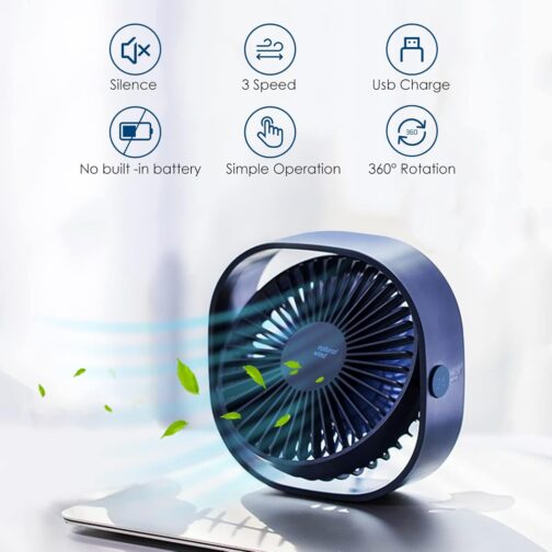 Simpeak USB Fan, Mini USB Table Fan, Small Fan Quiet, 3 Speed 360 Degree Rotation, Desk Fan for Office, Camping, Picnic, Trips - Blue – Bild 2