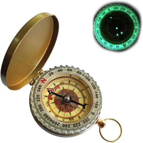 VZU Outdoor Compass, Golden Brass Compass with Retro Design, Waterproof, Luminous Numerals, Navigation Compass for Hiking, Camping, Hunting, Climbing, Backpacking