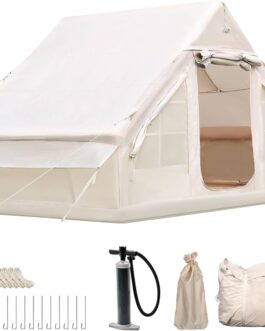 Inflatable Camping Tent with Chimney Opening and Skylight, Outdoor Tent for 2-10 People with Air Pump, Inflatable Tent Made of Waterproof Oxford Fabric for 4 Seasons, Quick Assembly Camping Tent
