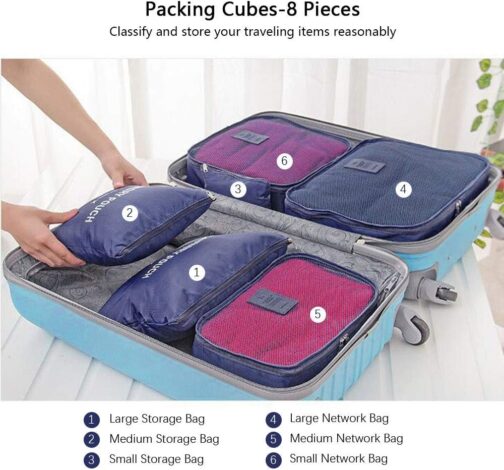 Vicloon Suitcase Organiser, 8–in–1 Set Luggage Organiser, Waterproof Travel Garment Bags Includes 2 Shoe Bags, 3 Packing Cubes and 3 Storage Bags, for Clothes, Shoes, Cosmetics, Dark Blue – Bild 3