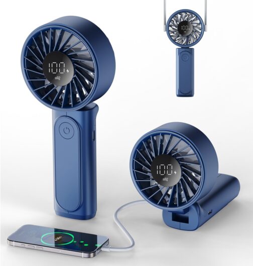 Peiyuu Portable Handheld Fan, Neck Fan, Mini Desk Fan, 4000mAh Long Battery Life, Safe and Reliable, 6 Speed Visual Adjustment (Blue)