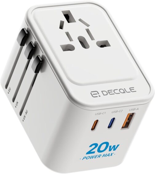 decqle Travel Adapter Worldwide, Universal Travel Plug with 2 USB-C (PD 20W), 1 USB-A and 1 AC Socket, International Socket Adapter, AC Adapter Universal Adapter for EU, UK, US, AU (White)