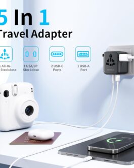 5 in 1 Travel Adapter Worldwide, Universal Adapter with USB A, USB C, 1 Worldwide Socket and 1 USA/JP Socket, Travel Travel Plug International Socket Adapter for EU USA UK Canada Japan Australia