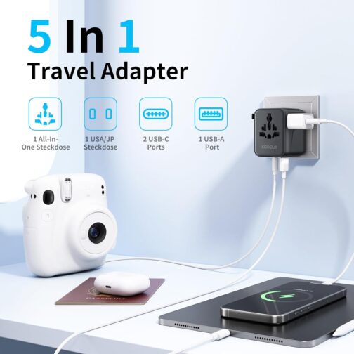 5 in 1 Travel Adapter Worldwide, Universal Adapter with USB A, USB C, 1 Worldwide Socket and 1 USA/JP Socket, Travel Travel Plug International Socket Adapter for EU USA UK Canada Japan Australia – Bild 2