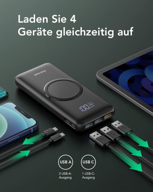 Charmast Power Bank, Wireless Powerbank 20000mAh Induktives Laden Kabellose Ladegerät, 22,5W PD/QC 3.0 Externe Handyakkus mit LED Display Kompatibel mit iPhone 16 15 14 13 12 Pro max Samsung Huawei – Bild 4