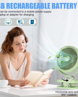 Camping Fan with LED Night Light, Rechargeable USB-C Small Clip Fan with Battery, 5 Speeds & 360° Rotation, Mini Table Fan for Home, Office, Pram, Outdoor (Green)