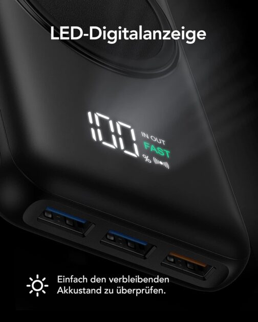 Charmast Power Bank, Wireless Powerbank 20000mAh Induktives Laden Kabellose Ladegerät, 22,5W PD/QC 3.0 Externe Handyakkus mit LED Display Kompatibel mit iPhone 16 15 14 13 12 Pro max Samsung Huawei – Bild 6