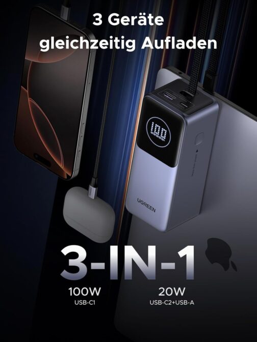 UGREEN Nexode Laptop Power Bank 20000 mAh 130 W Super Fast Charge, PD 3.0 Integrated USB C Cable, 1 USB-A Port, 1 USB-C Port Compatible with iPhone 16/15 Series, Galaxy S25, MacBook and More – Bild 3