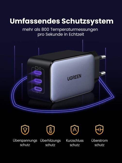 UGREEN Nexode USB-C Charger, 65 W, GaN Power Supply with 3 x USB-C Ports, Quick Charger, Compact, Compatible with MacBook Pro/Air, HP Laptop, iPad Pro, iPhone 16, 16 Pro, Galaxy S24 – Bild 7
