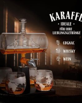 Murrano Whisky Carafe With Ship Engraving and Stainless Steel Tap, 1000 ml, Set of 4 Whisky Glasses, Whisky Decanter, Personalised