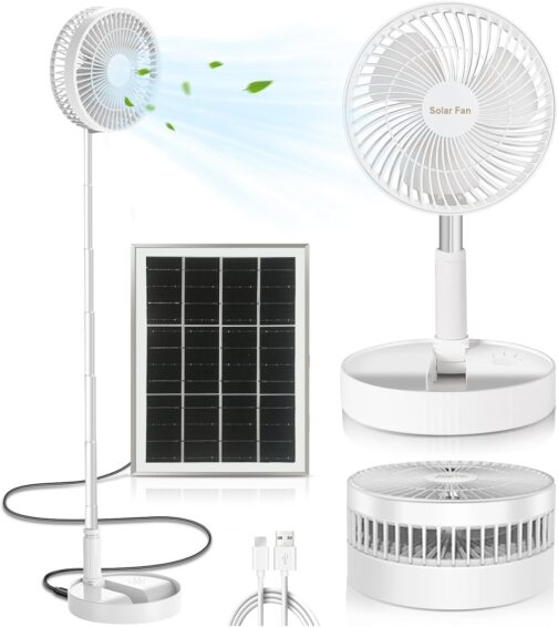 AKOFIC Portable Floor Fan, Quiet, 8 Inch Battery & Solar Powered Fan, Foldable USB Table Fan with 5200 mAh Battery, Height Adjustable Telescopic Fan for Bedroom, Office, Camping