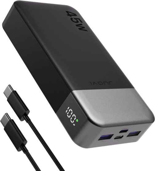 JUOVI Portable Power Bank J2621, 20000 mAh Battery Pack, 45 W Fast Charging Function, Compatible with Switch, MacBook, Tablet, Dell, HP, Notebook, Samsung, iPhone 16 15 14 13, Steam Deck and More
