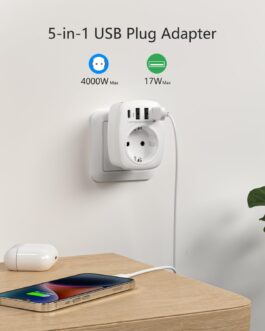 LENCENT USB Socket, Multiple Plug EU Adapter, 5-in-1 Socket Adapter with 3 USB 2.4 A Charger Ports, 1 Type C 3 A Port, Wall Socket, Schuko 4000 W Power Adapter Plug with Child Lock, White