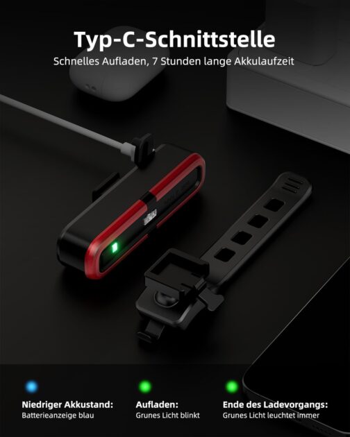 OnMeto Bicycle Rear Light, LED Rear Light Bicycle USB Type-C Rechargeable Bicycle Light Rear Light Ebike IPX5 Waterproof for Road Bike, MTB, E-Bike – Bild 7