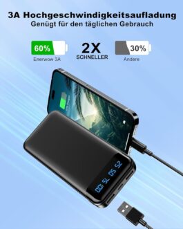 Enerwow Power Bank, Pack of 2 16000 mAh Power Bank, Small But Strong, 5 V, 3 A, Fast Charging, Portable Charger with LCD Display, External Mobile Phone Batteries with iPhone 15, 14, 13, 12 Pro Max
