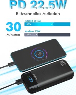 Power Bank 27,000mAh 22,5W Externer Handyakku PD20W Schnell Aufladende Powerbank USB C mit LCD Display Tragbares Ladegerät für Smartphone Tablets