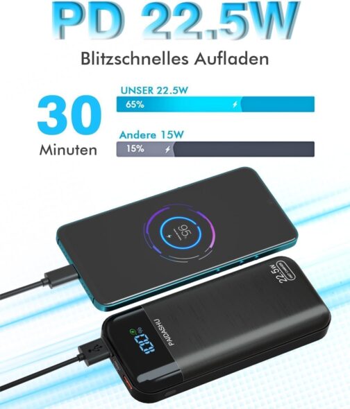 Power Bank 27,000mAh 22,5W Externer Handyakku PD20W Schnell Aufladende Powerbank USB C mit LCD Display Tragbares Ladegerät für Smartphone Tablets