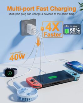 40 W USB C Charger, 4 Ports Fast Charger PD Power Adapter + QC 3.0 Charger USB-C Plug Multiple Charging Plug for iPhone 16 15 14 13 Pro Max, Samsung Galaxy S25 24, Mobile Phones, Tablet, Kindle
