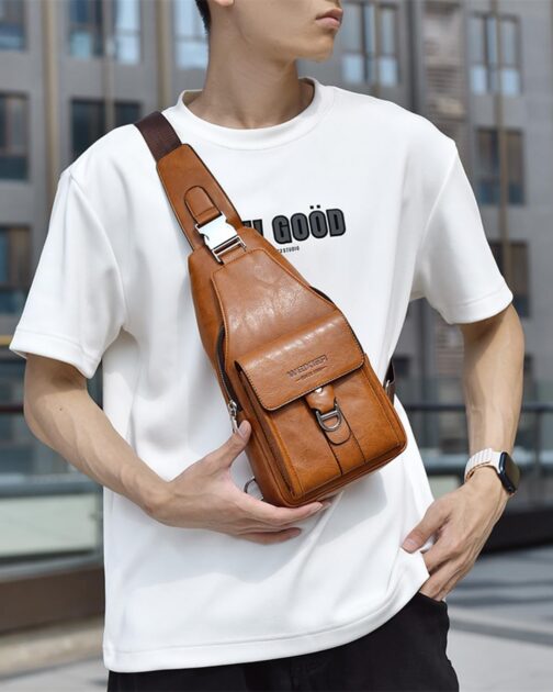 Hjkiopc Sling Bag for Men, Leather Chest Bag, Waterproof Shoulder Bags, Casual Lightweight Bag, Mobile Phone Bag, Crossbody Bag for Hiking, Cycling, Camping, Light brown 1, Retro – Bild 2