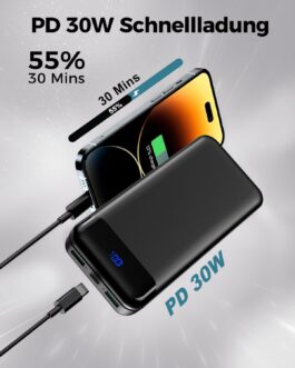 Enerwow Power Bank 27000 mAh, PD 30 W Power Bank Quick Charge, USB C Portable Charger with LED Display, External Battery with iPhone 15 14 Pro Max and Smartphone