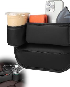 Supaway Car Seat Storage Box Car Side Pockets Organiser PU Side Pockets Organiser Front with Cup Holder and USB Charging Hole for Mobile Phones, Wallet, Cards, Coin, Pack of 1