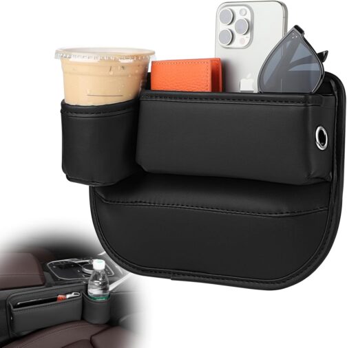 Supaway Car Seat Storage Box Car Side Pockets Organiser PU Side Pockets Organiser Front with Cup Holder and USB Charging Hole for Mobile Phones, Wallet, Cards, Coin, Pack of 1