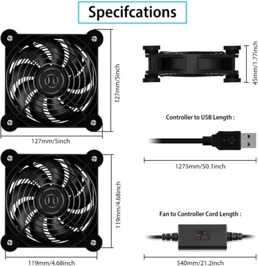 NewHail USB Fan 120 mm PC Fan Dual Ball Bearing with 3 Adjustable Speeds, USB Fan 5 V Quiet Compatible with Router, Xbox, Modem, Receiver, DVR, TV Box (Pack of 2) – Bild 6