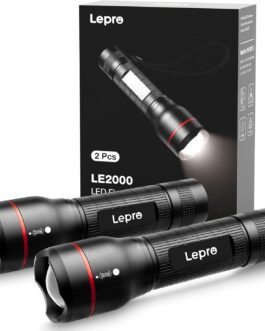 Lepro LED Torch, LE2000 Extremely Bright LED Torches with 5 Modes, Zoomable Camping Hand Lamp, Waterproof Torch for Camping, Outdoors, Hiking, Fishing, Gift (Pack of 2)