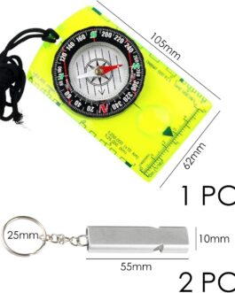 1 Piece Fluorescent Green Compass and 2 Pieces Silver Whistle Outdoor Accessories Hiking Compass Mini Compass Camping Gear Kids Compass Portable Compass
