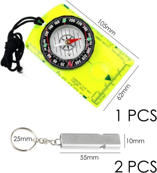 1 Piece Fluorescent Green Compass and 2 Pieces Silver Whistle Outdoor Accessories Hiking Compass Mini Compass Camping Gear Kids Compass Portable Compass – Bild 2
