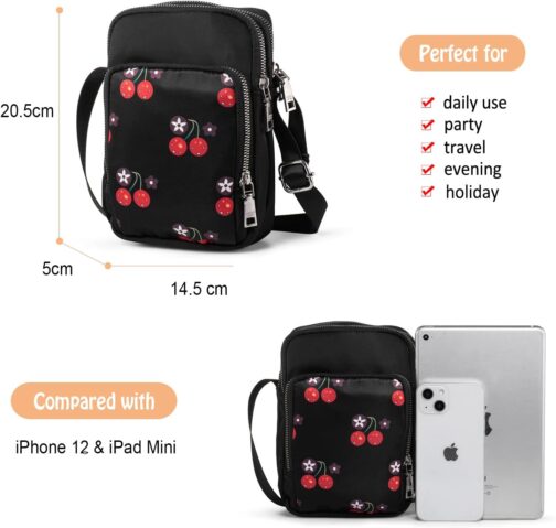Women's Girls Small Shoulder Bag Fabric Bag Mobile Phone Case for Hanging with Cute Pattern, 3 Compartments and Long Strap, Black with cherry, Minimal – Bild 3