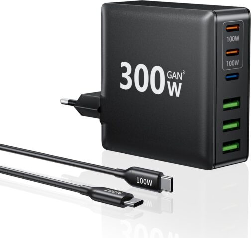 HSSNS 300 W USB-C Charger, 6 Port USB Charger, Multiple Fast Charger with 3 USB-C and 3 USB-A, GaN PD Charger USB C for MacBook iPad Pro/Air, iPhone 16 15 Pro Max, Samsung etc.