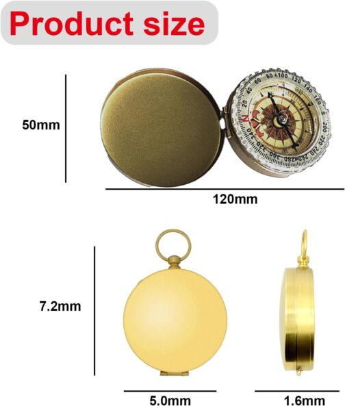 VZU Outdoor Compass, Golden Brass Compass with Retro Design, Waterproof, Luminous Numerals, Navigation Compass for Hiking, Camping, Hunting, Climbing, Backpacking – Bild 2