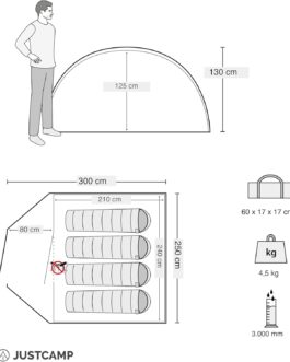 JUSTCAMP Scott Camping Tent with Anteroom, Igloo Tent for 3 or 4 Persons, Double-Walled Dome Tent