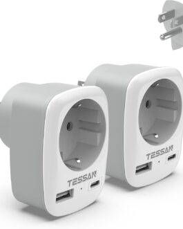 TESSAN 2 Pack Travel Adapter USA/America-Germany Plug with 2 USB 2.4 A, Socket Adapter Travel Plug Power Adapter for Canada Thailand Mexico Wall Charger and Charging Station Adapter