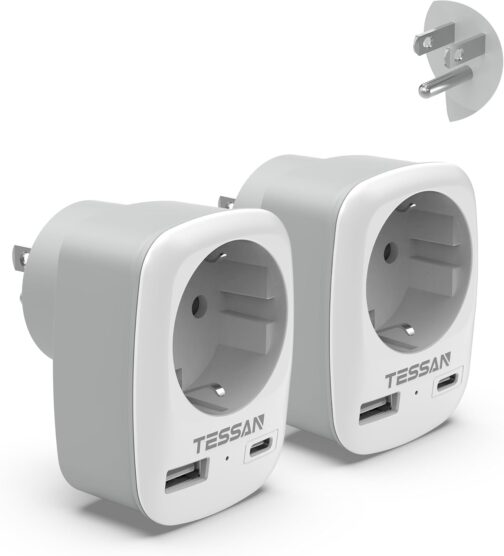 TESSAN 2 Pack Travel Adapter USA/America-Germany Plug with 2 USB 2.4 A, Socket Adapter Travel Plug Power Adapter for Canada Thailand Mexico Wall Charger and Charging Station Adapter
