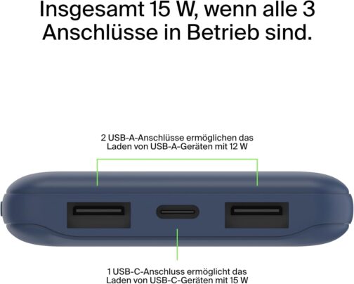 Belkin USB C Power Bank 10000mAh 1 USB-C Port and 2 USB-A Ports for Charging iPhone, AirPods, iPad, Android or Other Devices up to 15 W) - Blue – Bild 11