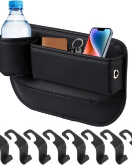 Side Pockets Organiser with Cable Hole, Car Leather Drink Holder Gap Pocket, Gap Filler for Car Seats with USB Charging Hole, Black Car Seats Storage Bag with 8 Hooks for Phone, Keys, Glasses