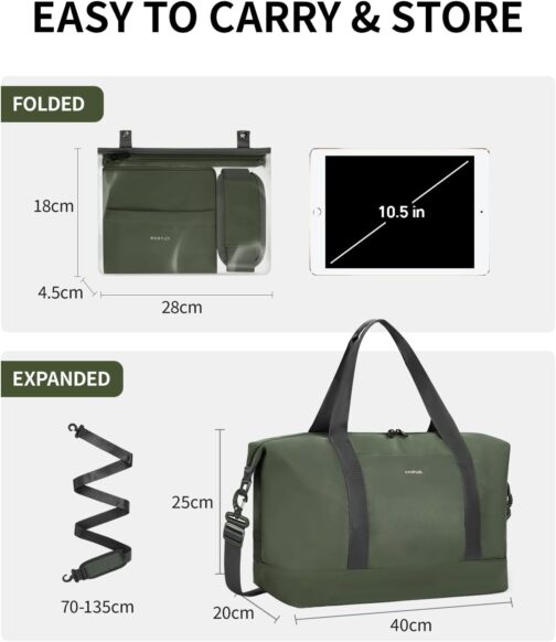 ECOHUB 20L Ryanair Hand Luggage 40 x 20 x 25 cm, Hand Luggage Bag for Airplane, Foldable Travel Bag with Removable Wet Bag, Ryan Airlines Bag 40 x 20 x 25, Weekender Women Men, Patent Pending, Green – Bild 8