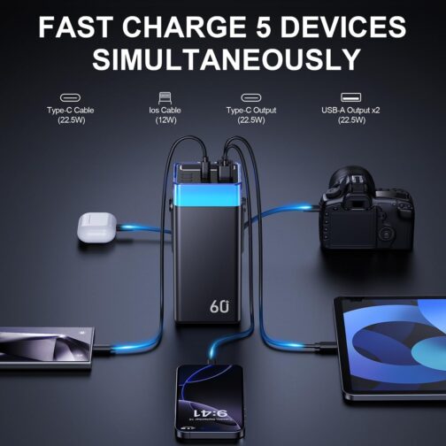 CUZAR Power Bank 60000 mAh 22.5 W Fast Charger Portable Charger with Integrated Cables for iPhone 16/15/14/13, Xiaomi, Travel, Camping, Outdoor ​ – Bild 5