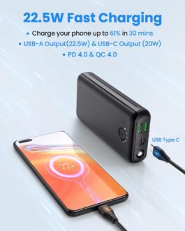 Power Bank 27000 mAh 22.5 W Power Bank PD 20 W USB C Portable Charger with Torch, External Battery Compatible with Phones
