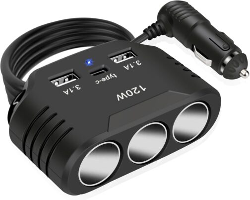 12 V USB Splitter 120 W Car Cigarette Lighter Adapter Car Charger 3 Multiple Socket Splitter DC 24 V Plug Charging Cable with 3 USB Ports for Mobile Phone Seat Heating GPS DashCam Sat Nav