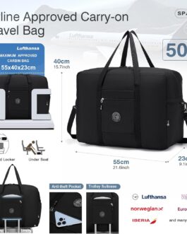 SPAHER Lufthansa Wizzair Eurowings Travel Bag Hand Luggage Bag 55 x 40 x 23 cm Lightweight Travel Bag Large Foldable 50L Waterproof Bag Aeroplane Travel Duffle Bag Cabin Bag Weekender Women Men, black