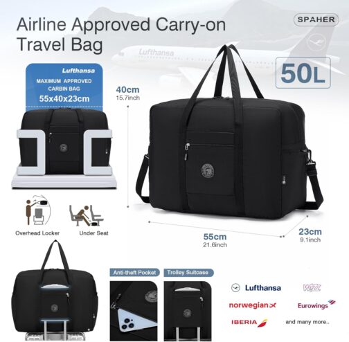 SPAHER Lufthansa Wizzair Eurowings Travel Bag Hand Luggage Bag 55 x 40 x 23 cm Lightweight Travel Bag Large Foldable 50L Waterproof Bag Aeroplane Travel Duffle Bag Cabin Bag Weekender Women Men, black – Bild 2