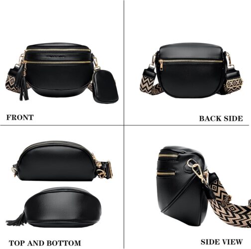 KUNKUN Bum Bag Women's Stylish Crossbody Bag Women's Wide Strap 5 cm Vegan Leather Shoulder Bag Chest Bag Black with Coin Purse, black, bum bag – Bild 6