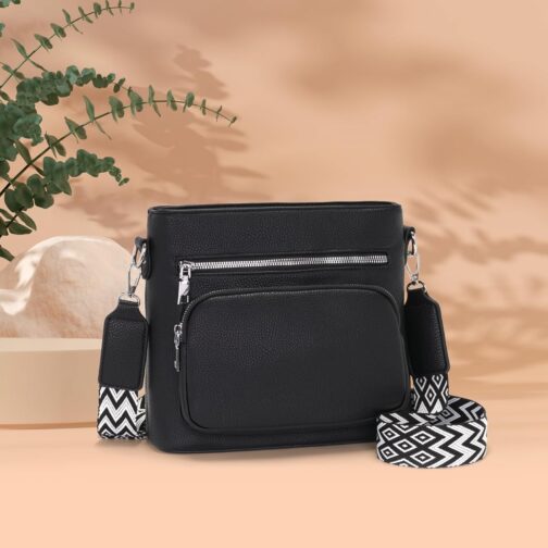 Snmoec Shoulder bag women's medium size women's handbag medium size crossbody bag vegan leather shoulder bag with wide strap handbags black, black – Bild 6