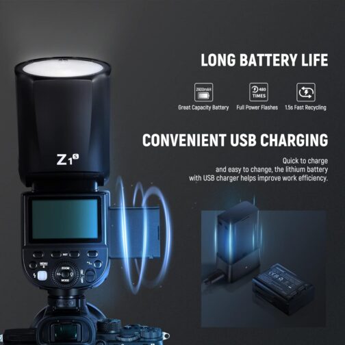 NEEWER Z1-S TTL Flash Speedlite Round Head Flash Light for Sony Cameras, 76Ws 2.4G 1/8000s HSS, 10 Levels LED Lamp, 2600 mAh Lithium Battery, 480 Shots with Full Power, Recycle in 1.5s Flash – Bild 6
