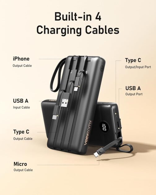VEEKTOMX Powerbank 20000 mAh with Cable USB C Portable Charger 5 Outputs LED Display External Mobile Phone Batteries Compatible with iPhone, iPad, Samsung, Huawei, Xiaomi, OnePlus etc. – Bild 2