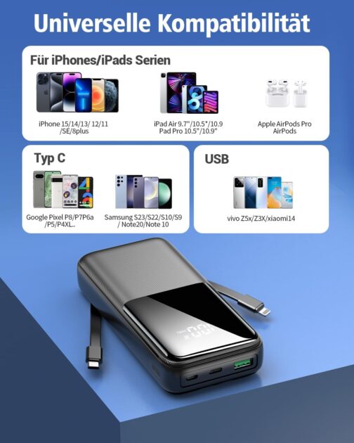 Power Bank 26800 mAh, Portable Charger with 3 Ports and 2 Integrated Cables, USB C Quick Charge Power Bank, External Battery, Compatible with iPhone 16 15 14 13 Samsung Galaxy, Black – Bild 6