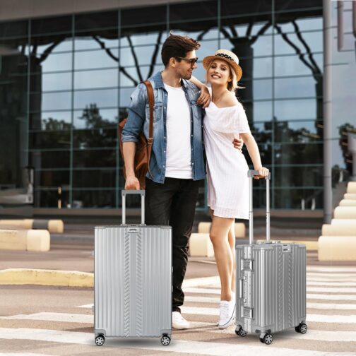 WINLIFE Hard Shell Travel Suitcase M, L, XL, Large Shell ABS Trolley in Silver, TSA Combination Lock, 4 x 360° Double Spinner Wheels, Telescopic Handle, Integrated Cup & Bag Holder, silver, XL – Bild 8